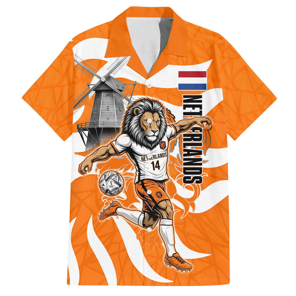 Personalized Netherlands Football Lion Mascot Hawaiian Shirt Dutch Orange Flag Windmill Symbol Comic