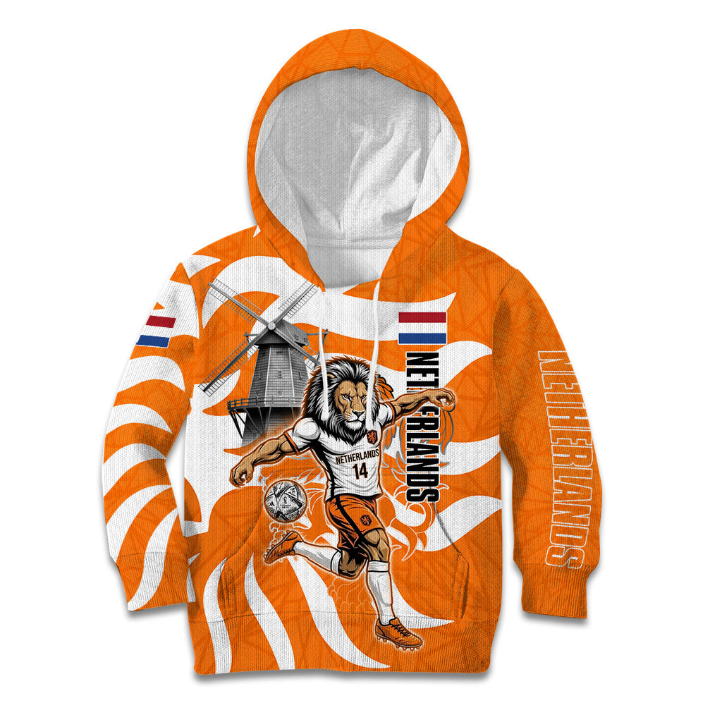 Personalized Netherlands Football Lion Mascot Kid Hoodie Dutch Orange Flag Windmill Symbol Comic