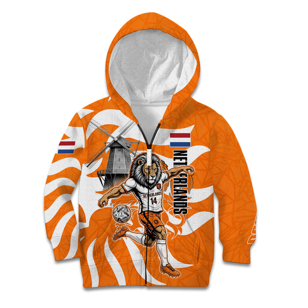 Personalized Netherlands Football Lion Mascot Kid Hoodie Dutch Orange Flag Windmill Symbol Comic