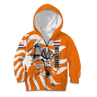 Personalized Netherlands Football Lion Mascot Kid Hoodie Dutch Orange Flag Windmill Symbol Comic