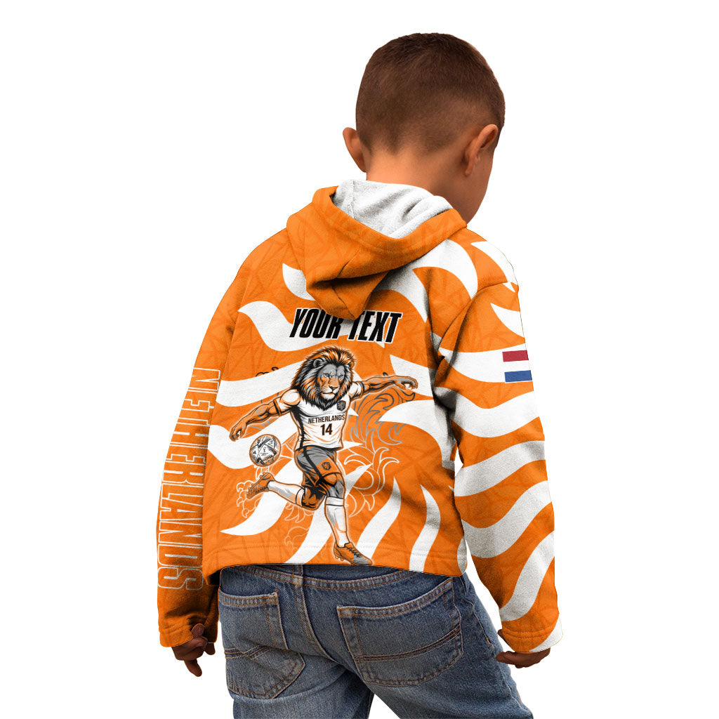 Personalized Netherlands Football Lion Mascot Kid Hoodie Dutch Orange Flag Windmill Symbol Comic