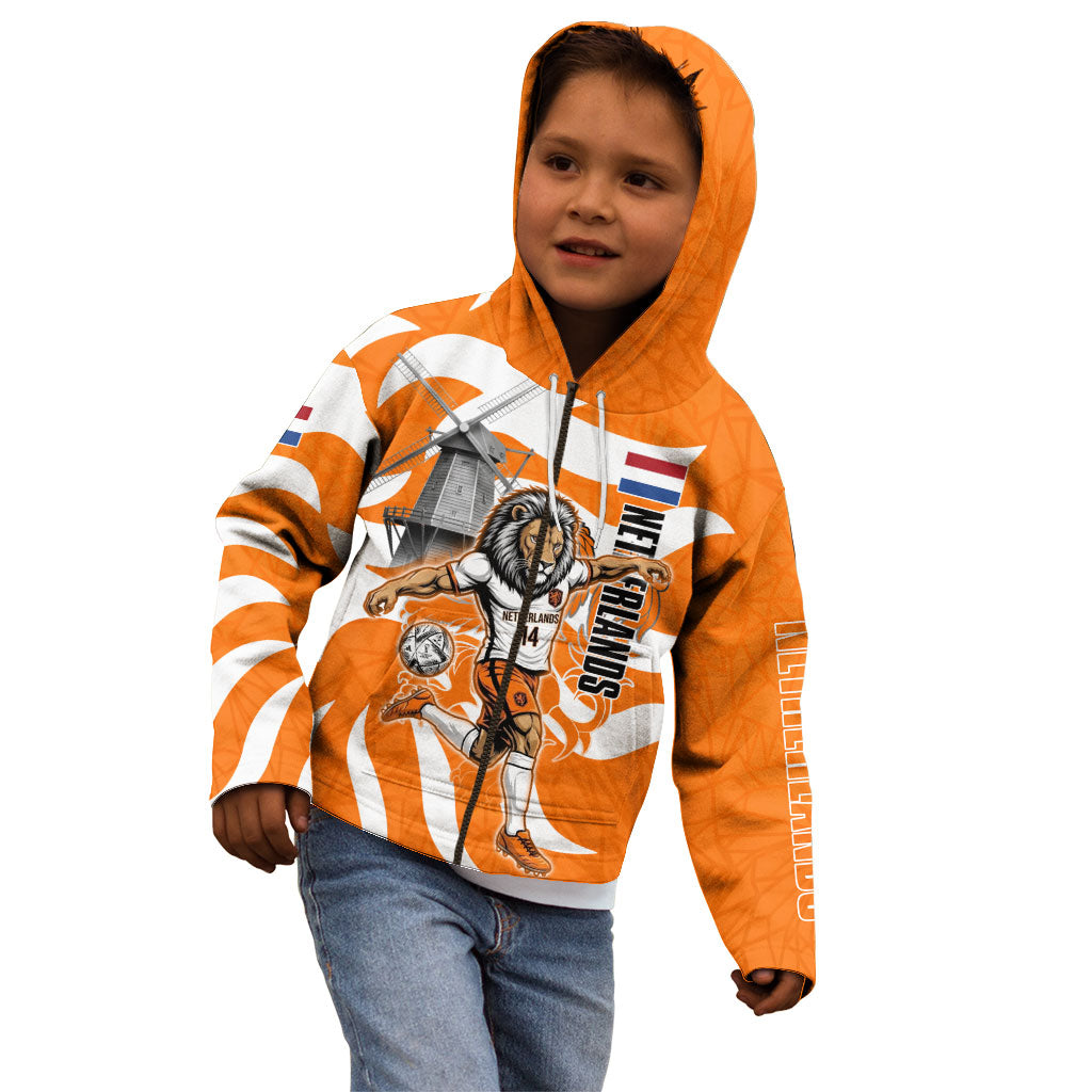 Personalized Netherlands Football Lion Mascot Kid Hoodie Dutch Orange Flag Windmill Symbol Comic