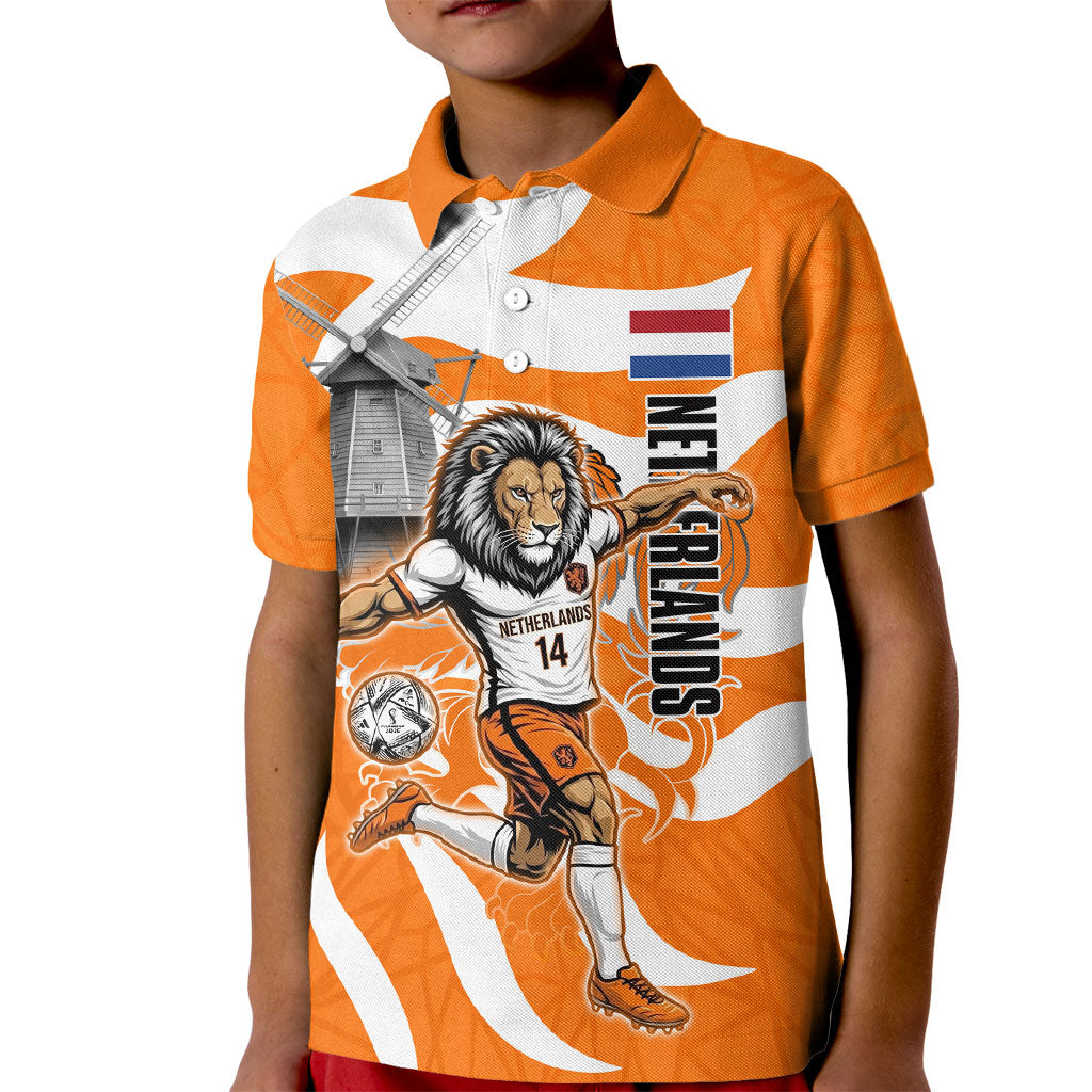 Personalized Netherlands Football Lion Mascot Kid Polo Shirt Dutch Orange Flag Windmill Symbol Comic