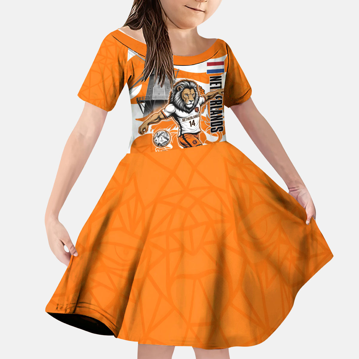 Personalized Netherlands Football Lion Mascot Kid Short Sleeve Dress Dutch Orange Flag Windmill Symbol Comic