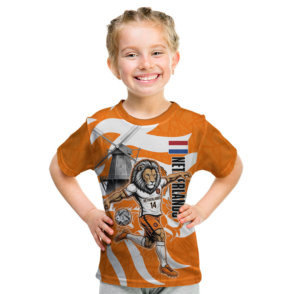 Personalized Netherlands Football Lion Mascot Kid T Shirt Dutch Orange Flag Windmill Symbol Comic