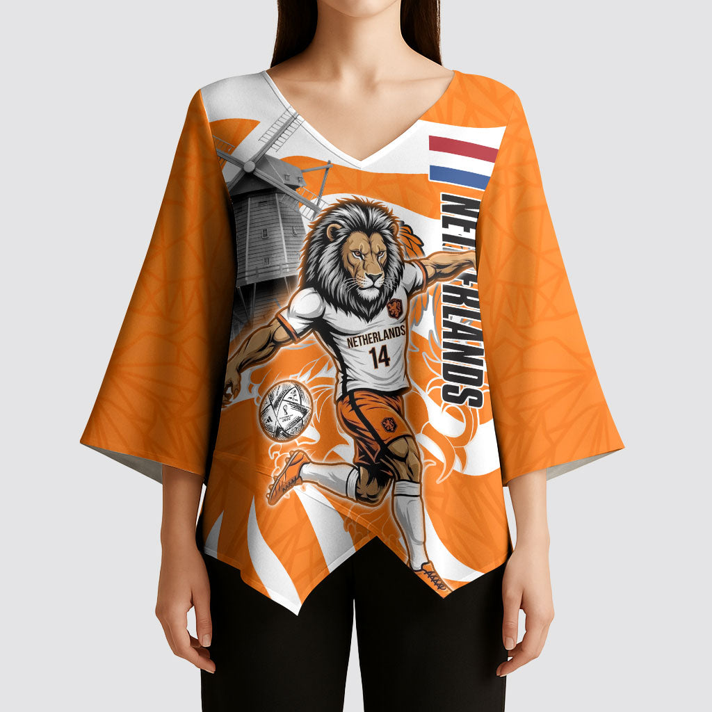 Personalized Netherlands Football Lion Mascot Kimono Sleeve Blouse Dutch Orange Flag Windmill Symbol Comic