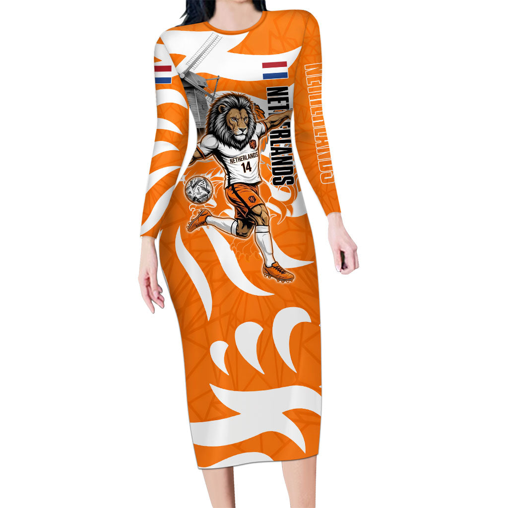 Personalized Netherlands Football Lion Mascot Long Sleeve Bodycon Dress Dutch Orange Flag Windmill Symbol Comic