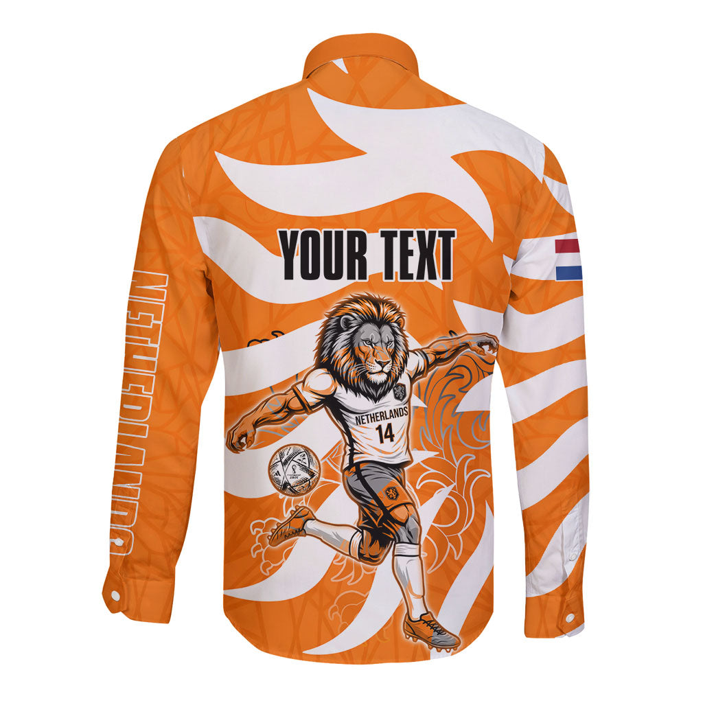 Personalized Netherlands Football Lion Mascot Long Sleeve Button Shirt Dutch Orange Flag Windmill Symbol Comic