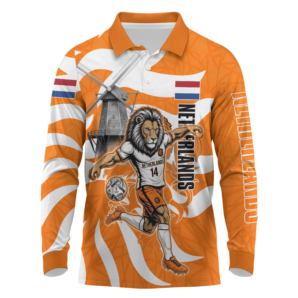Personalized Netherlands Football Lion Mascot Long Sleeve Polo Shirt Dutch Orange Flag Windmill Symbol Comic