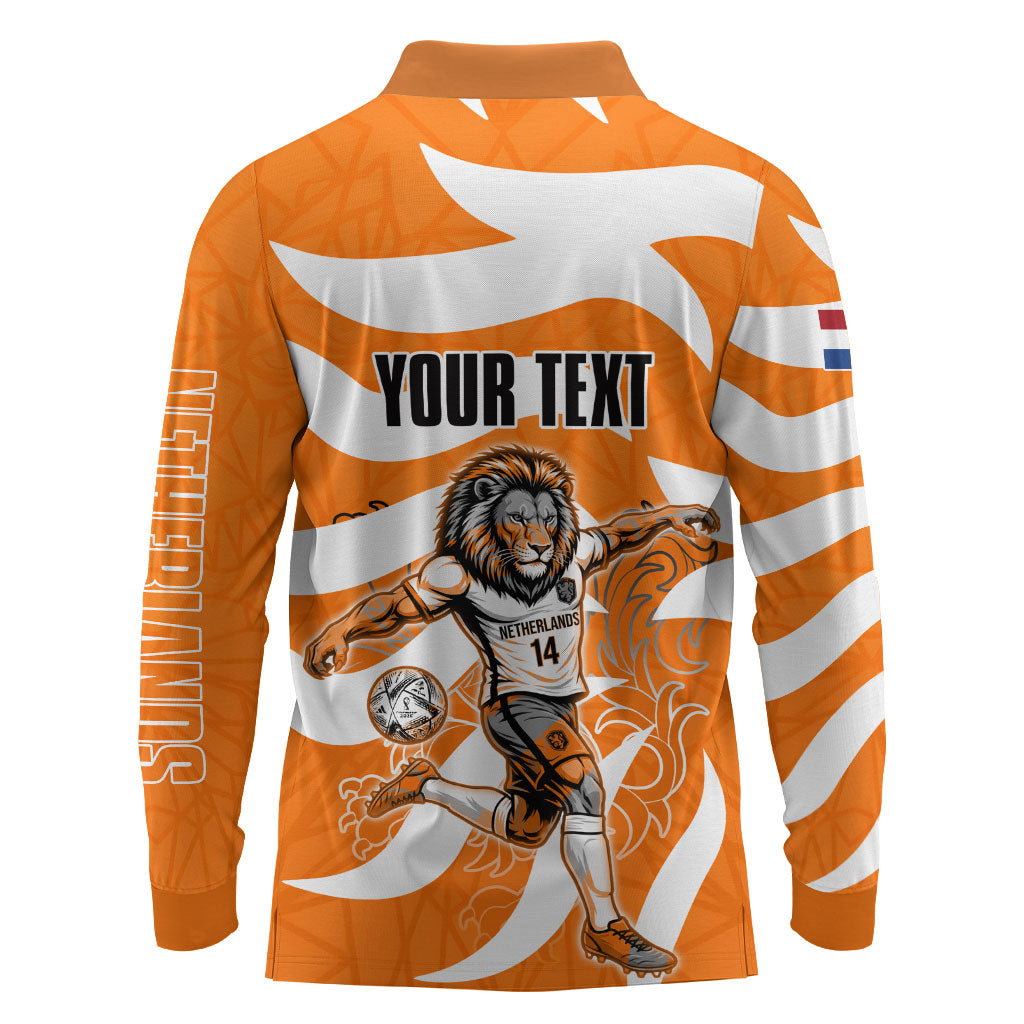 Personalized Netherlands Football Lion Mascot Long Sleeve Polo Shirt Dutch Orange Flag Windmill Symbol Comic