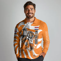 Personalized Netherlands Football Lion Mascot Long Sleeve Polo Shirt Dutch Orange Flag Windmill Symbol Comic