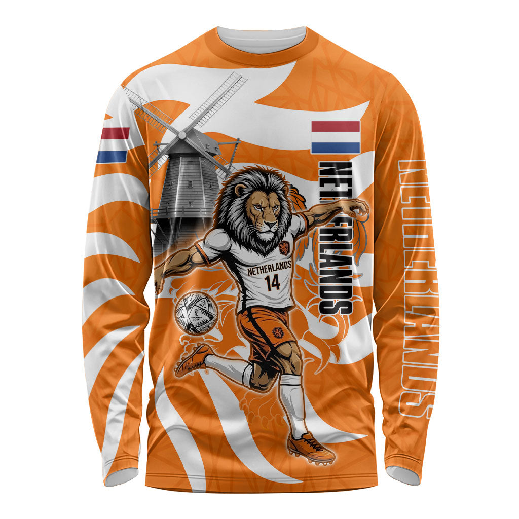 Personalized Netherlands Football Lion Mascot Long Sleeve Shirt Dutch Orange Flag Windmill Symbol Comic