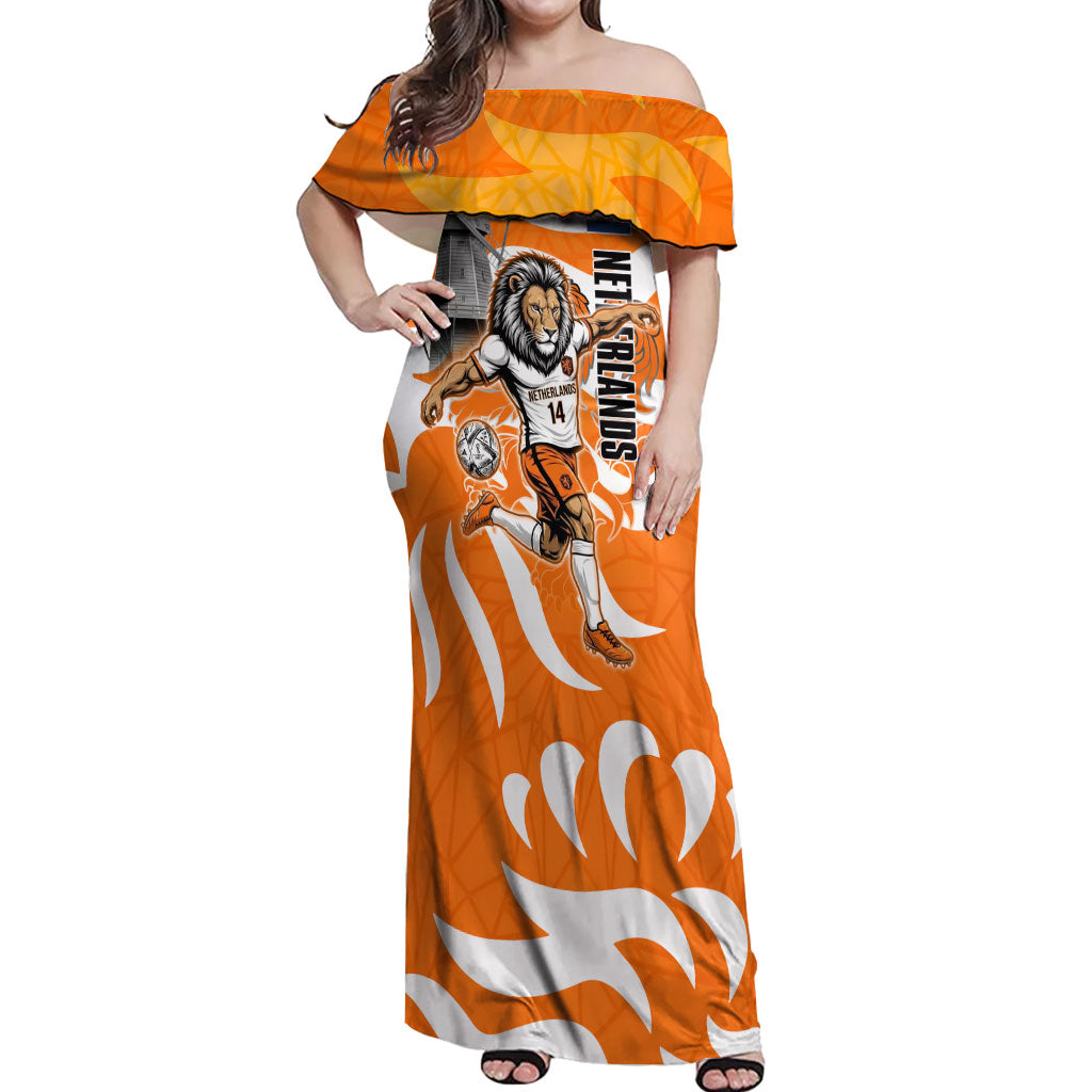 Personalized Netherlands Football Lion Mascot Off Shoulder Maxi Dress Dutch Orange Flag Windmill Symbol Comic