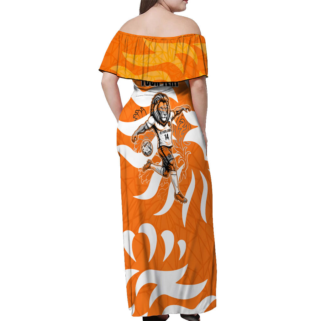 Personalized Netherlands Football Lion Mascot Off Shoulder Maxi Dress Dutch Orange Flag Windmill Symbol Comic