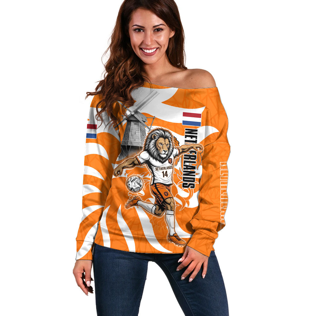 Personalized Netherlands Football Lion Mascot Off Shoulder Sweater Dutch Orange Flag Windmill Symbol Comic