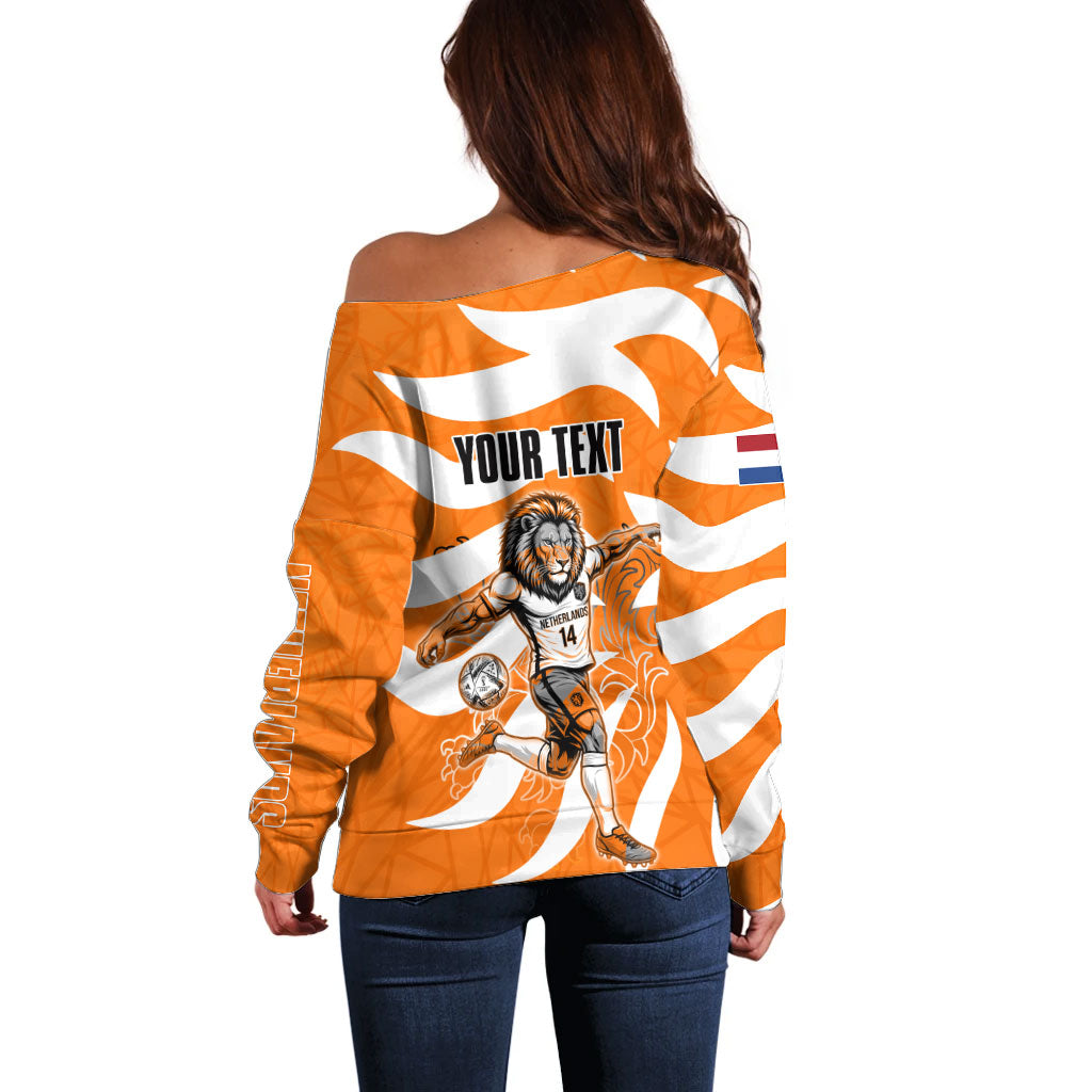 Personalized Netherlands Football Lion Mascot Off Shoulder Sweater Dutch Orange Flag Windmill Symbol Comic