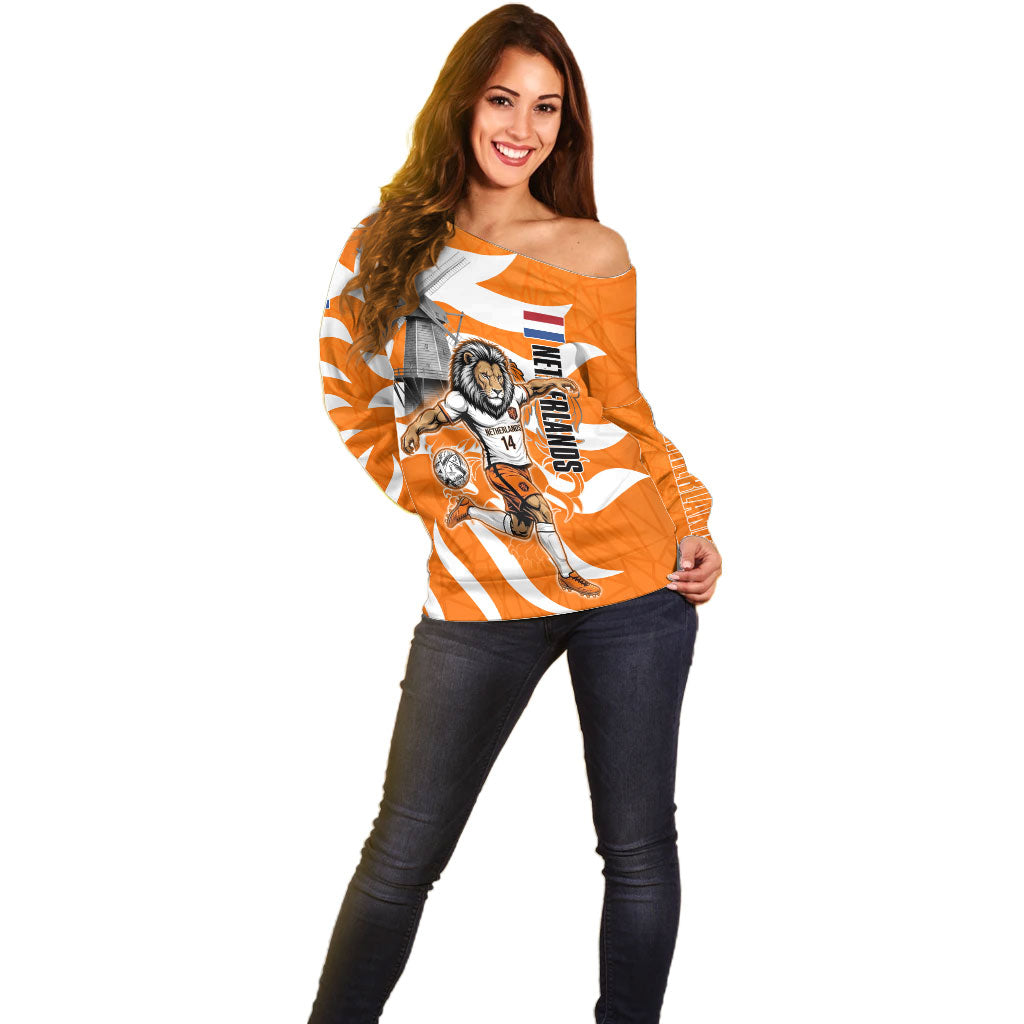Personalized Netherlands Football Lion Mascot Off Shoulder Sweater Dutch Orange Flag Windmill Symbol Comic