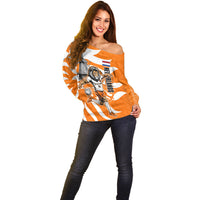 Personalized Netherlands Football Lion Mascot Off Shoulder Sweater Dutch Orange Flag Windmill Symbol Comic