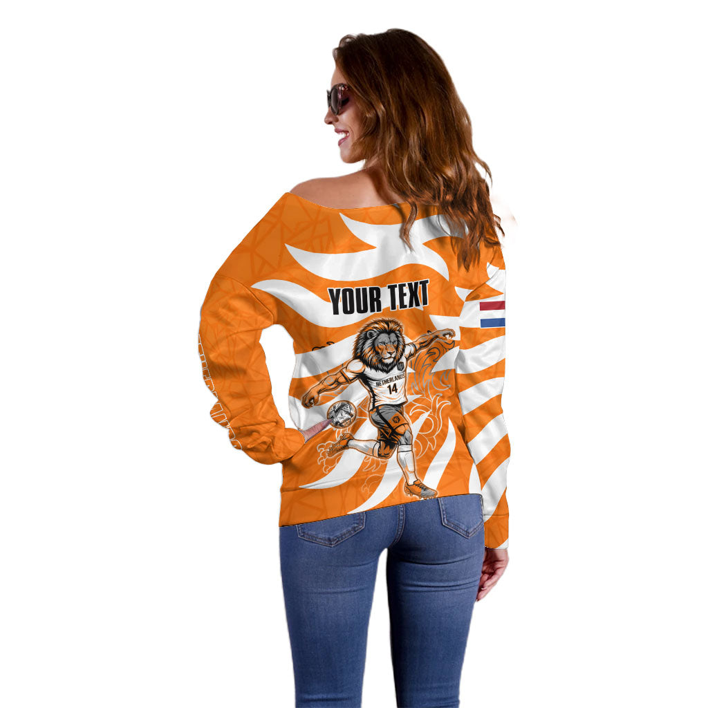 Personalized Netherlands Football Lion Mascot Off Shoulder Sweater Dutch Orange Flag Windmill Symbol Comic