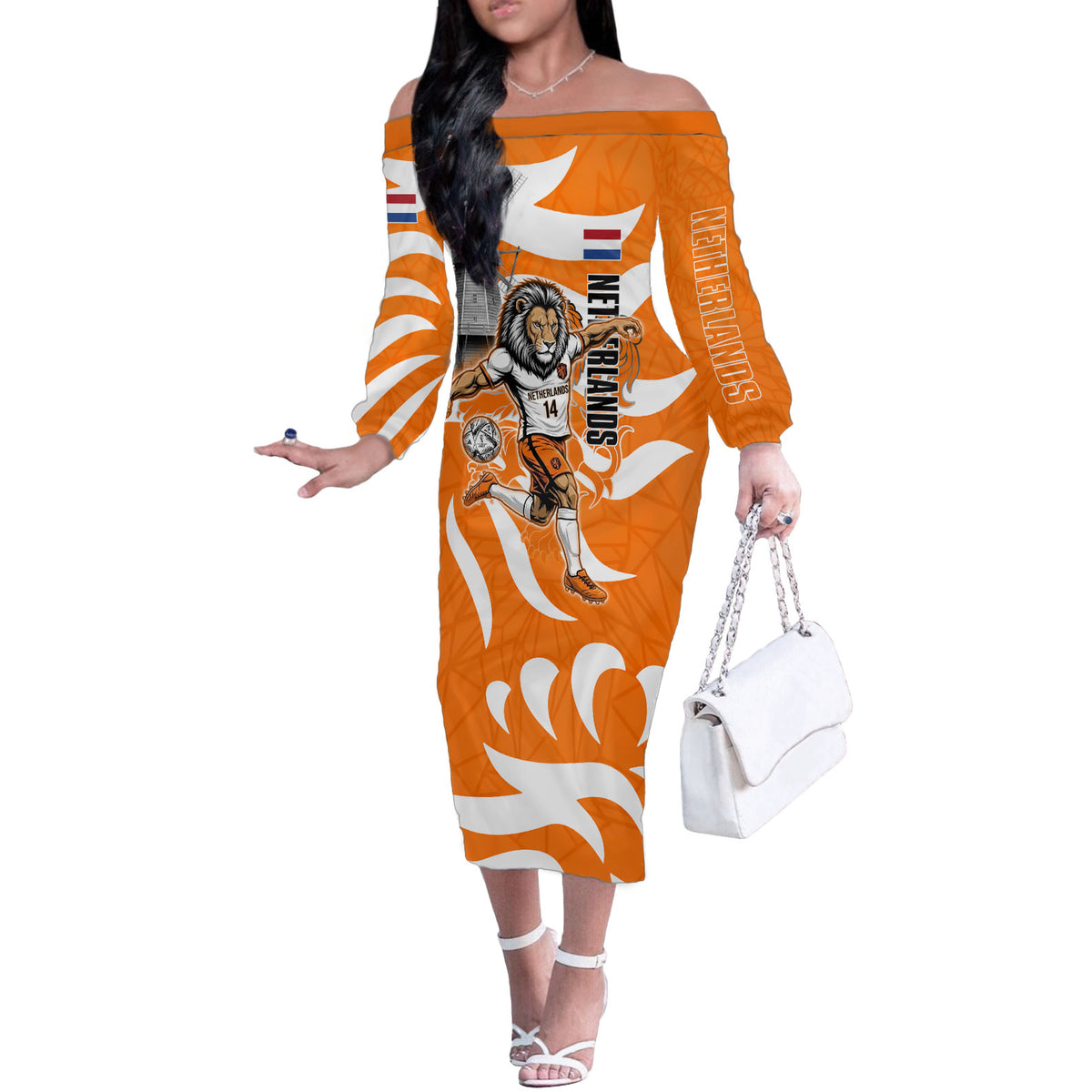 Personalized Netherlands Football Lion Mascot Off The Shoulder Long Sleeve Dress Dutch Orange Flag Windmill Symbol Comic