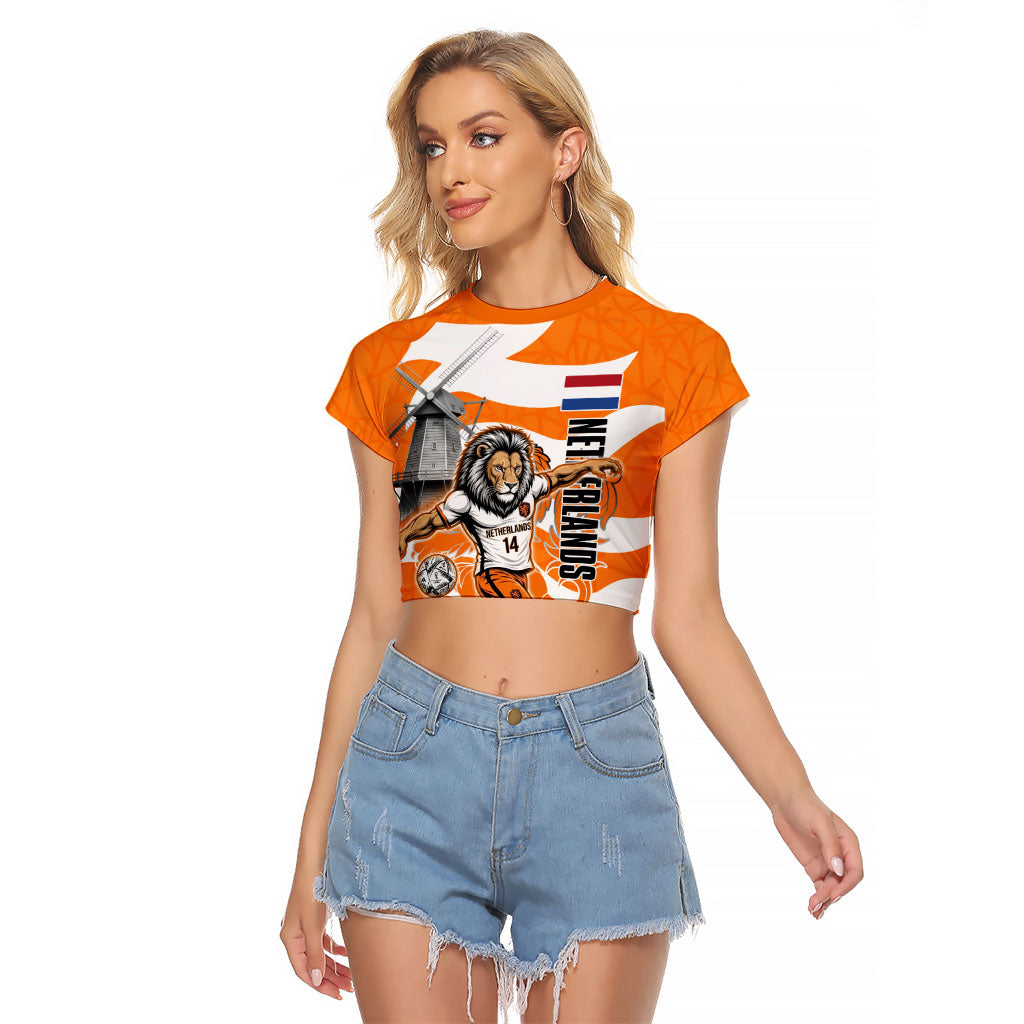 Personalized Netherlands Football Lion Mascot Raglan Cropped T Shirt Dutch Orange Flag Windmill Symbol Comic