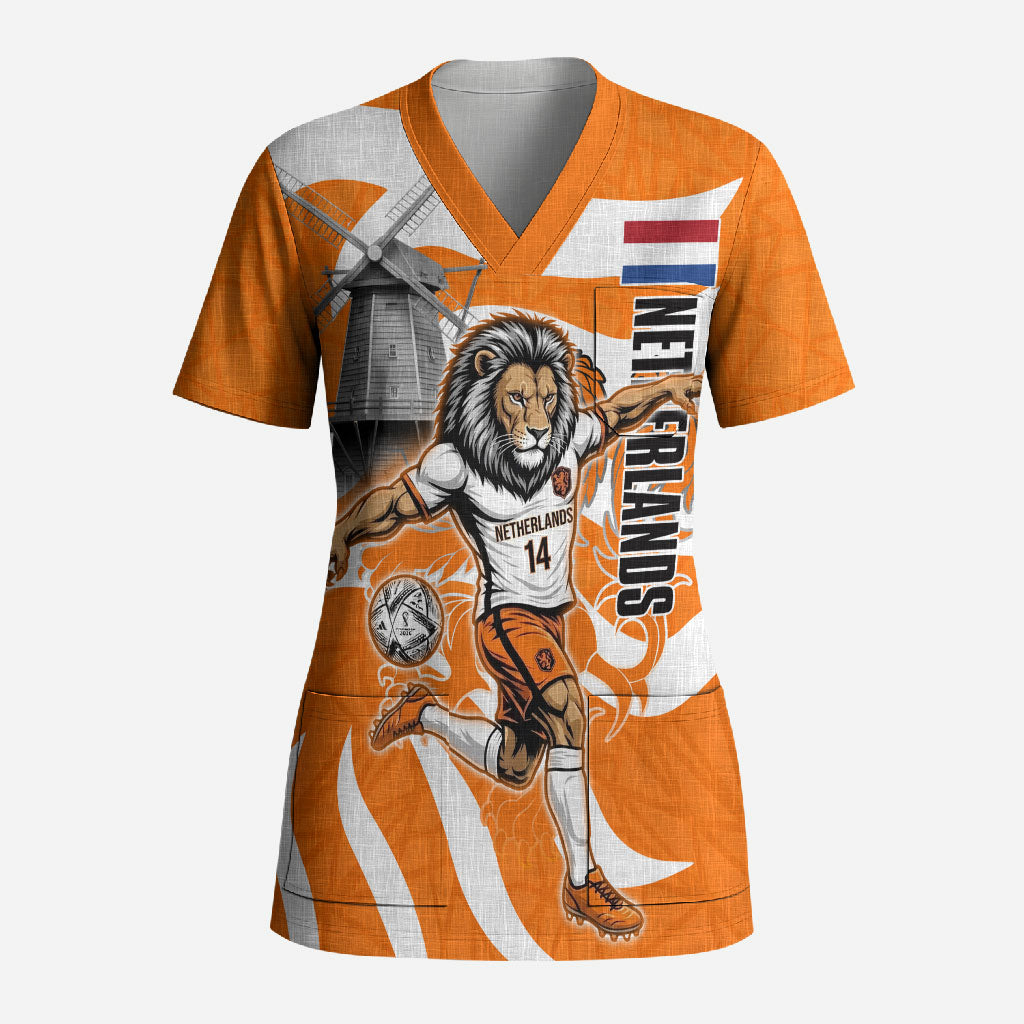 Personalized Netherlands Football Lion Mascot Scrub Top Dutch Orange Flag Windmill Symbol Comic