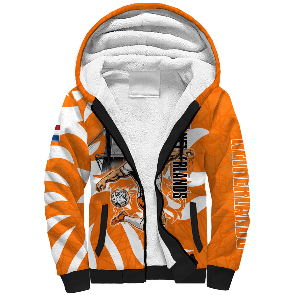 Personalized Netherlands Football Lion Mascot Sherpa Hoodie Dutch Orange Flag Windmill Symbol Comic