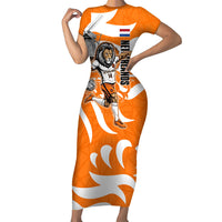 Personalized Netherlands Football Lion Mascot Short Sleeve Bodycon Dress Dutch Orange Flag Windmill Symbol Comic