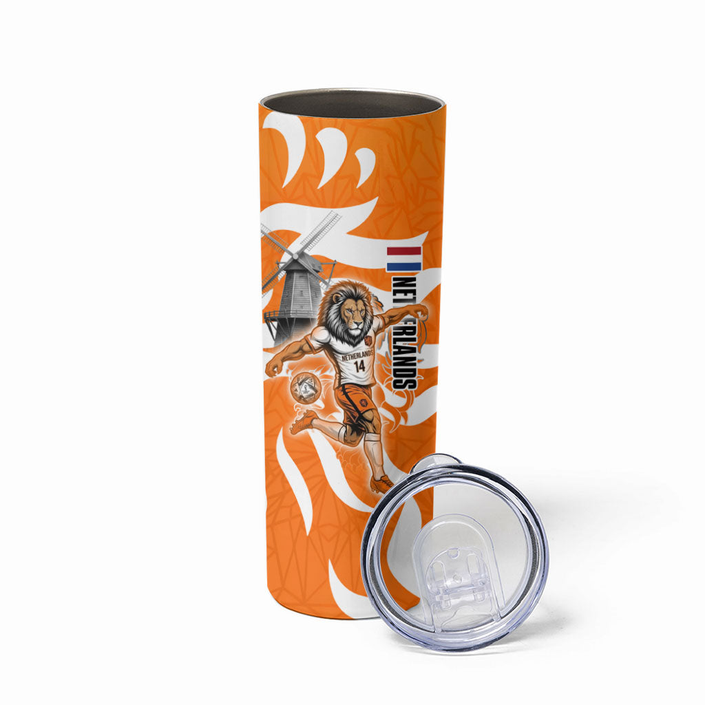 Personalized Netherlands Football Lion Mascot Skinny Tumbler Dutch Orange Flag Windmill Symbol Comic