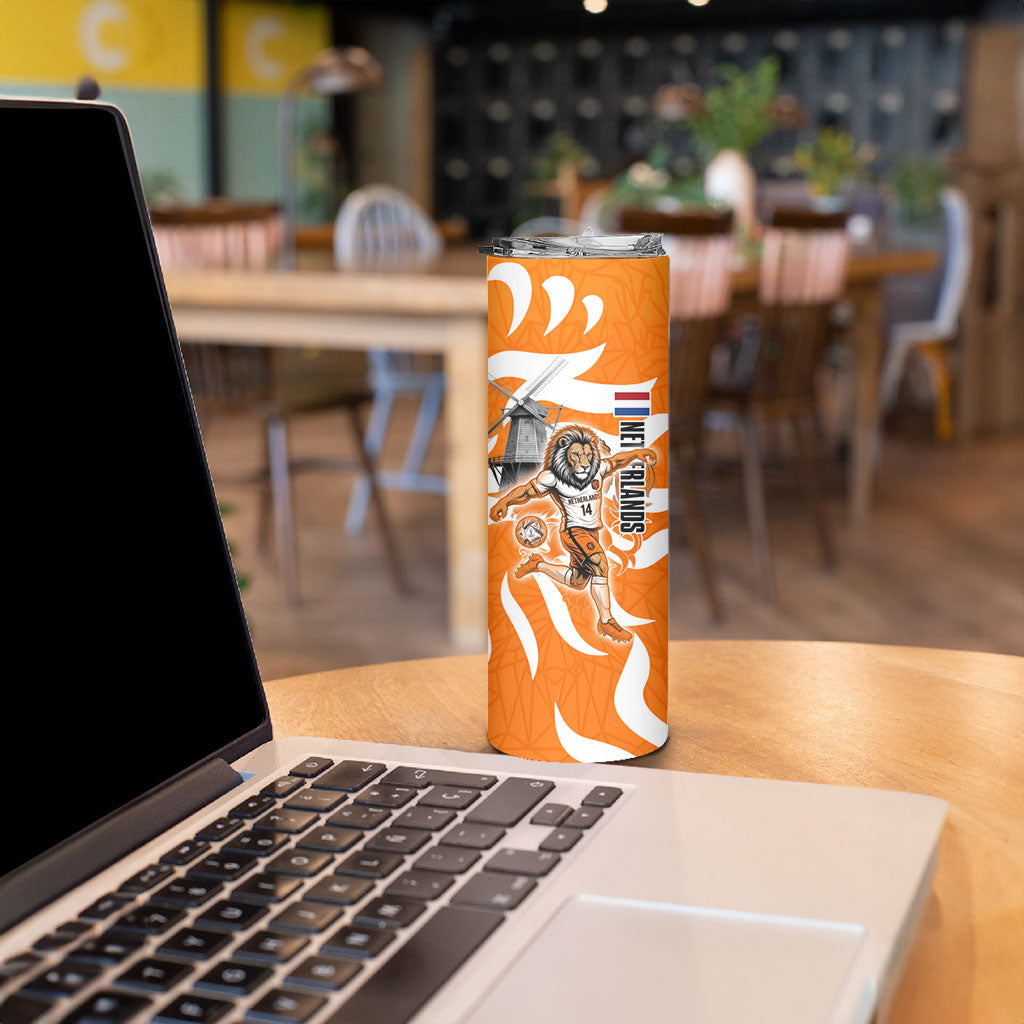 Personalized Netherlands Football Lion Mascot Skinny Tumbler Dutch Orange Flag Windmill Symbol Comic
