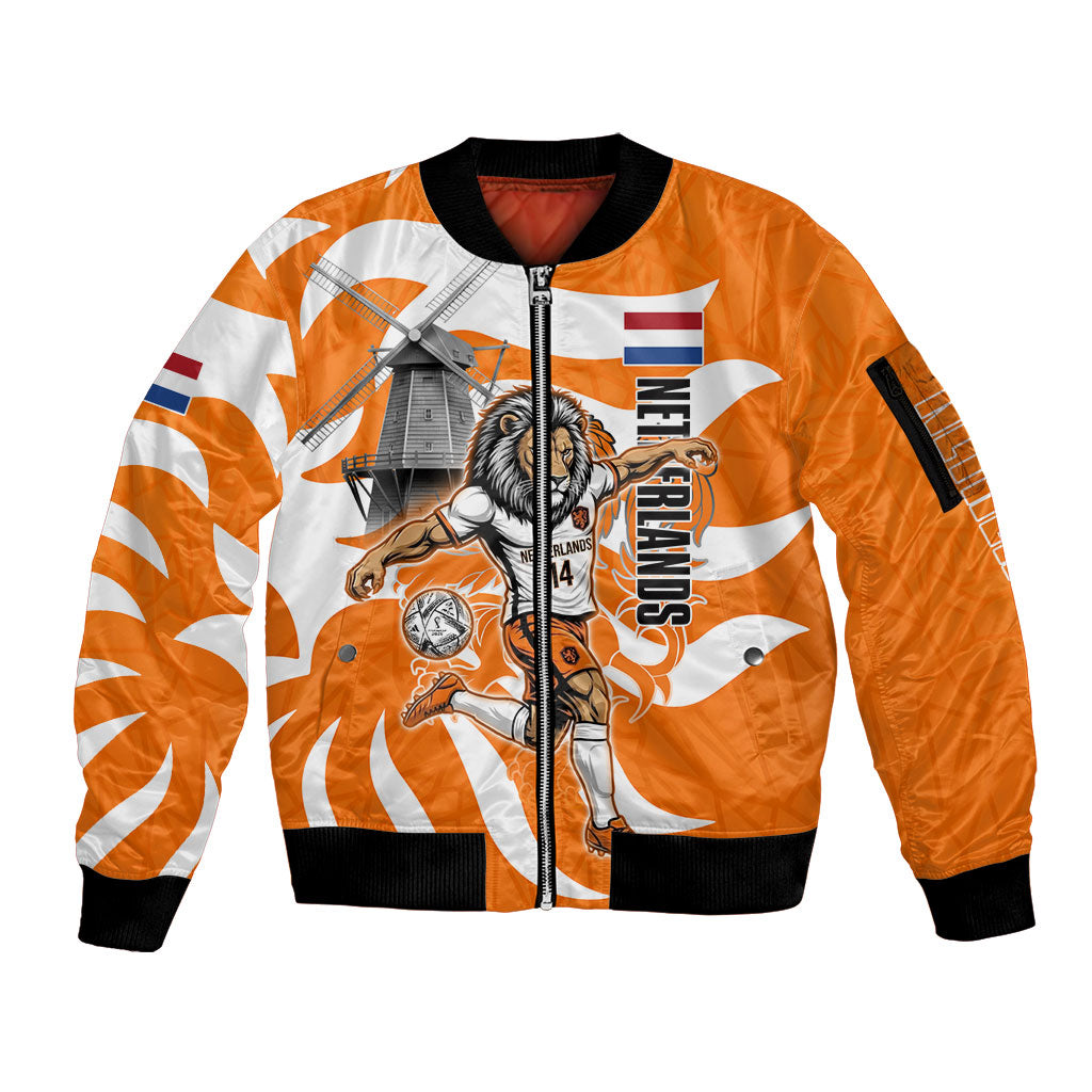 Personalized Netherlands Football Lion Mascot Sleeve Zip Bomber Jacket Dutch Orange Flag Windmill Symbol Comic
