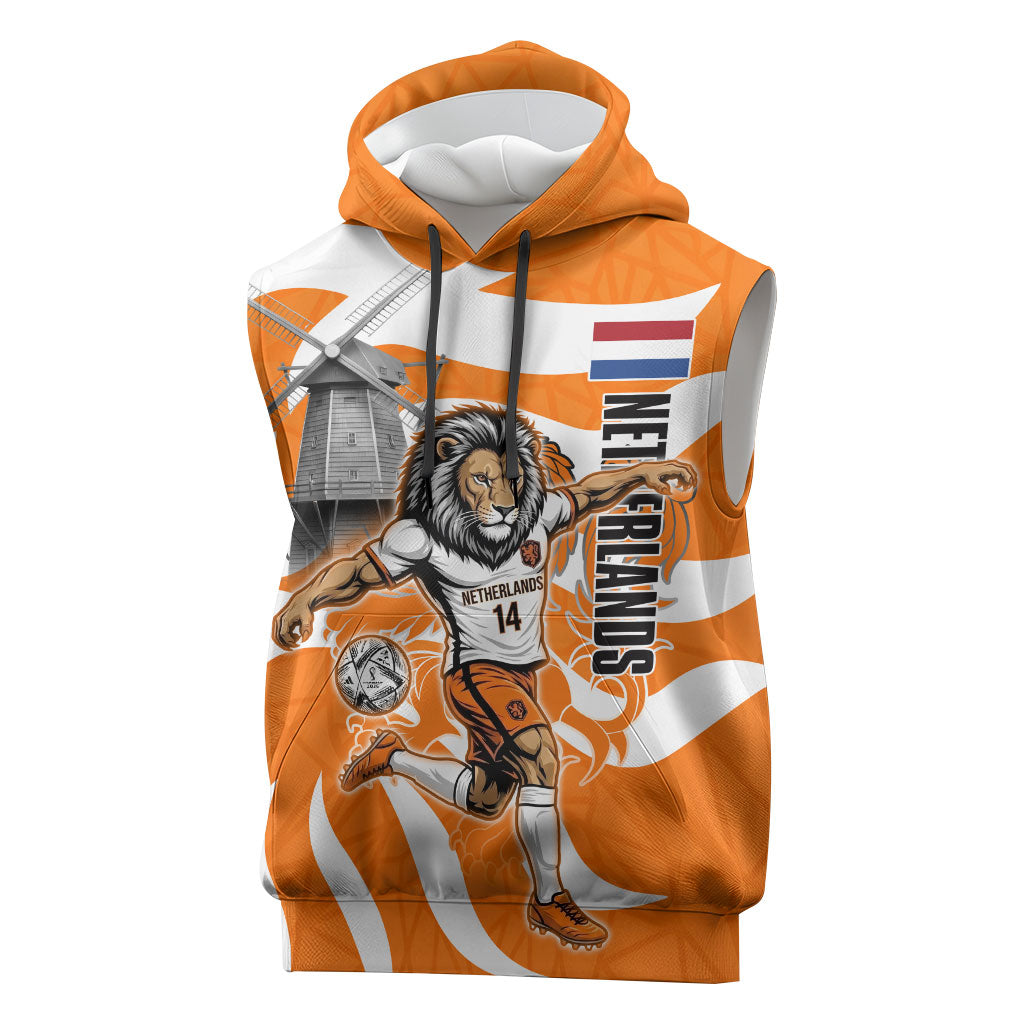 Personalized Netherlands Football Lion Mascot Sleeveless Hoodie Dutch Orange Flag Windmill Symbol Comic