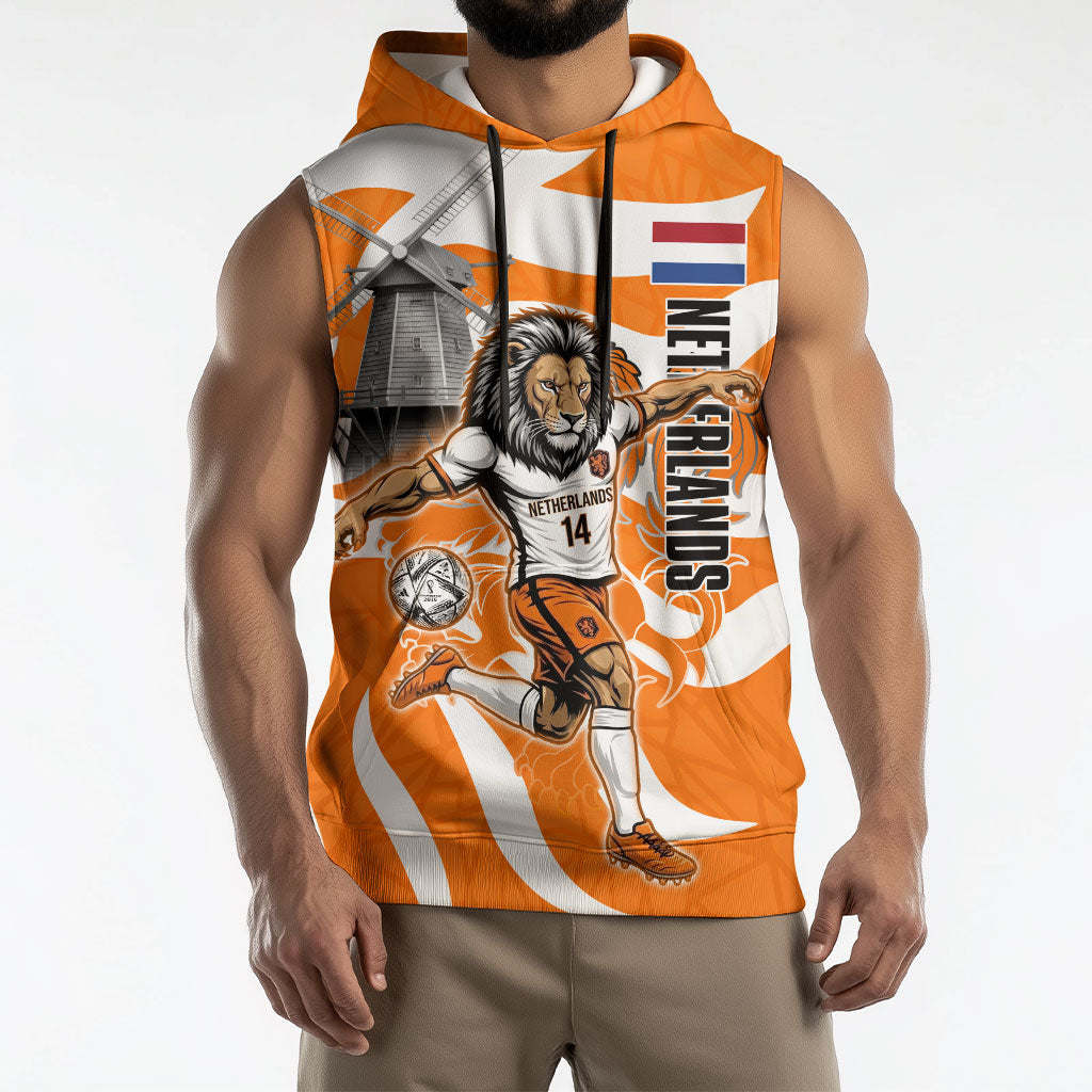 Personalized Netherlands Football Lion Mascot Sleeveless Hoodie Dutch Orange Flag Windmill Symbol Comic