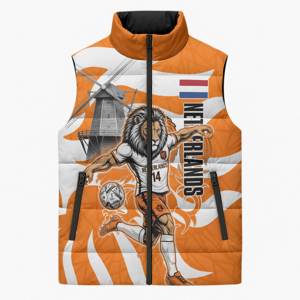 Personalized Netherlands Football Lion Mascot Sleeveless Puffer Jacket Dutch Orange Flag Windmill Symbol Comic