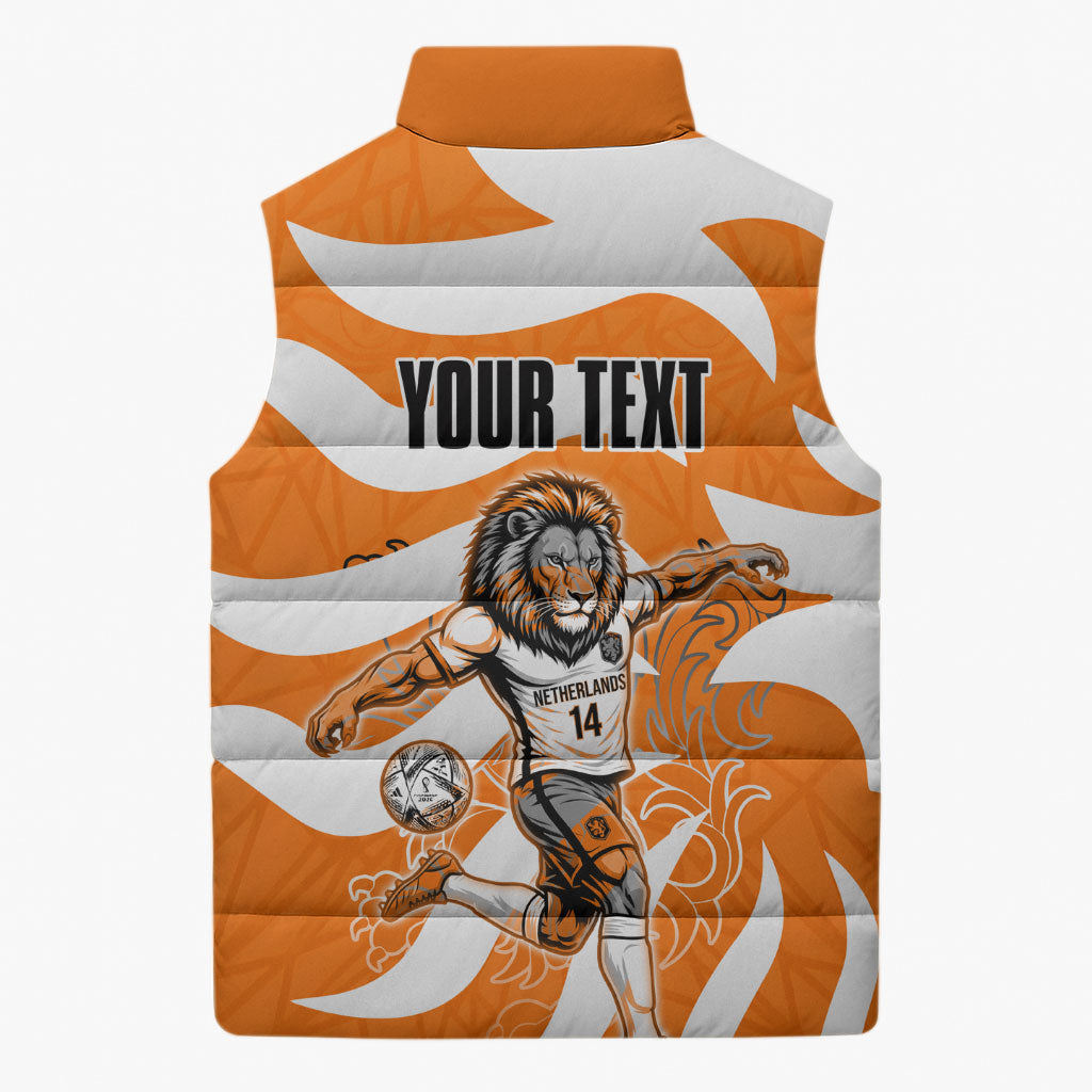 Personalized Netherlands Football Lion Mascot Sleeveless Puffer Jacket Dutch Orange Flag Windmill Symbol Comic
