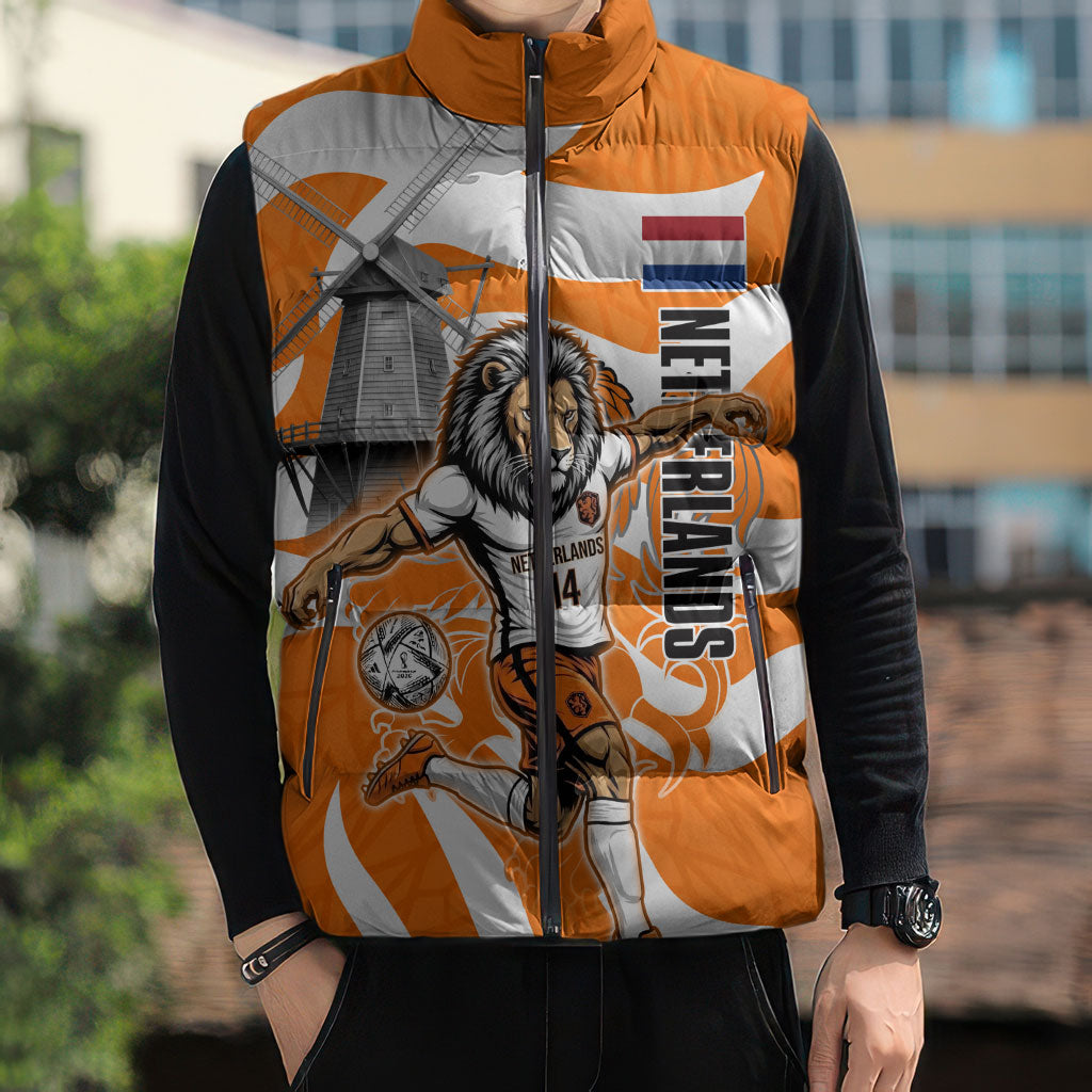 Personalized Netherlands Football Lion Mascot Sleeveless Puffer Jacket Dutch Orange Flag Windmill Symbol Comic