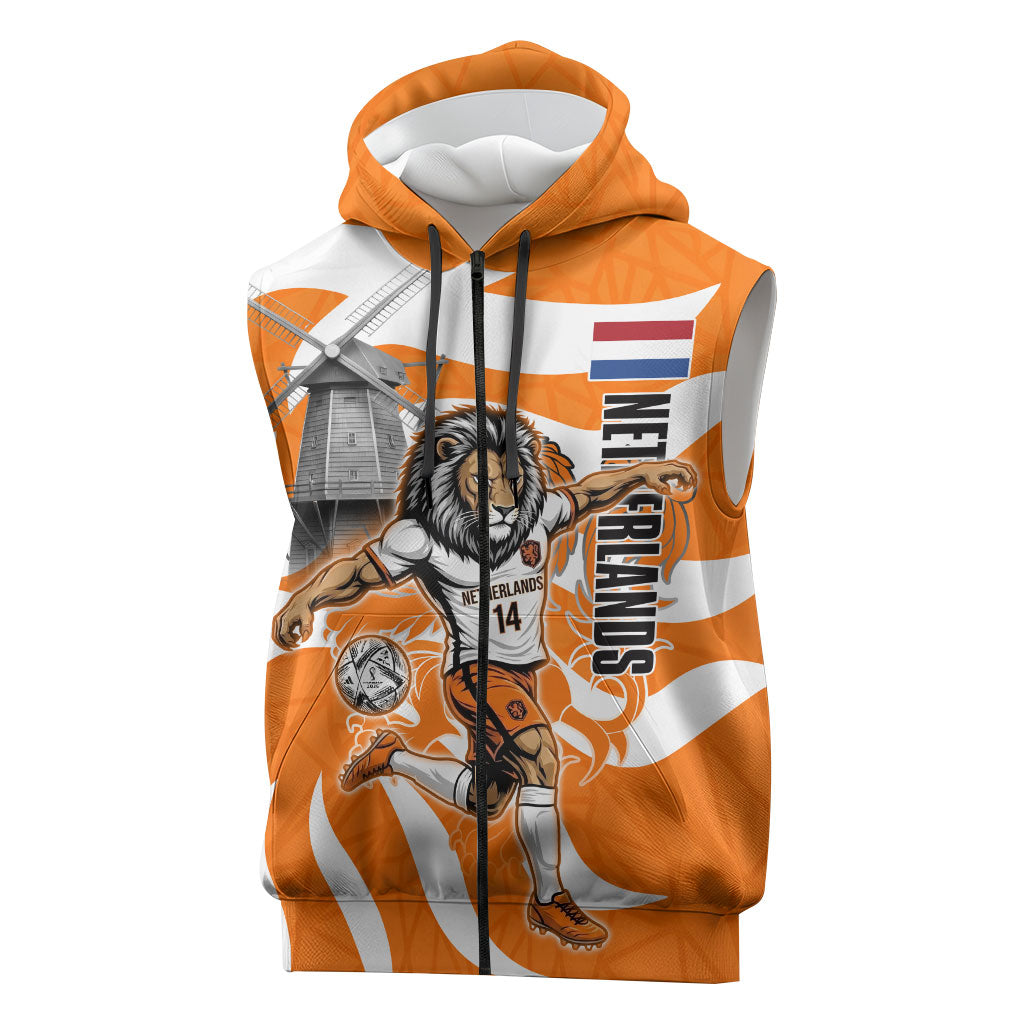 Personalized Netherlands Football Lion Mascot Sleeveless Zip Hoodie Dutch Orange Flag Windmill Symbol Comic