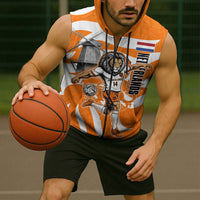Personalized Netherlands Football Lion Mascot Sleeveless Zip Hoodie Dutch Orange Flag Windmill Symbol Comic