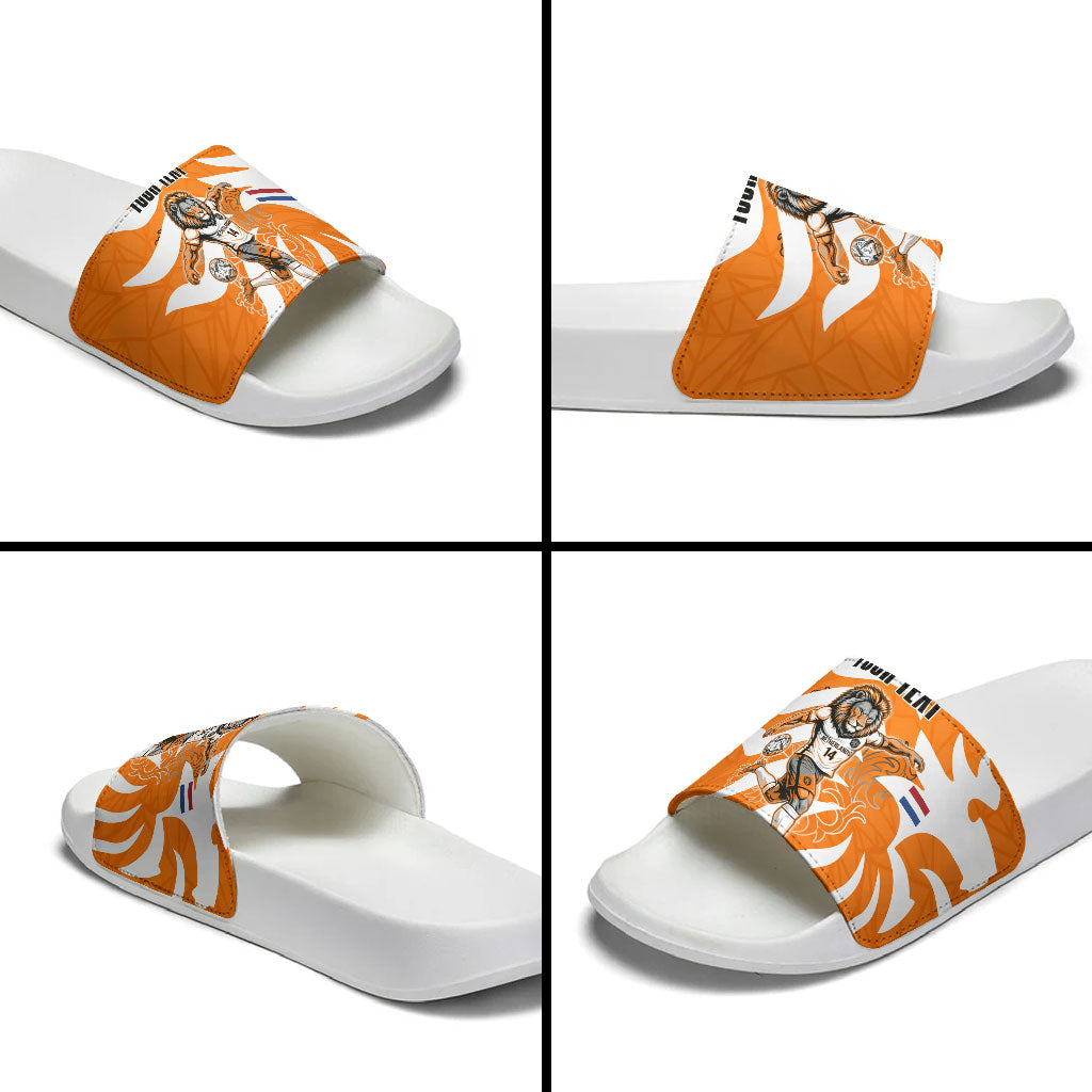Personalized Netherlands Football Lion Mascot Slide Sandals Dutch Orange Flag Windmill Symbol Comic