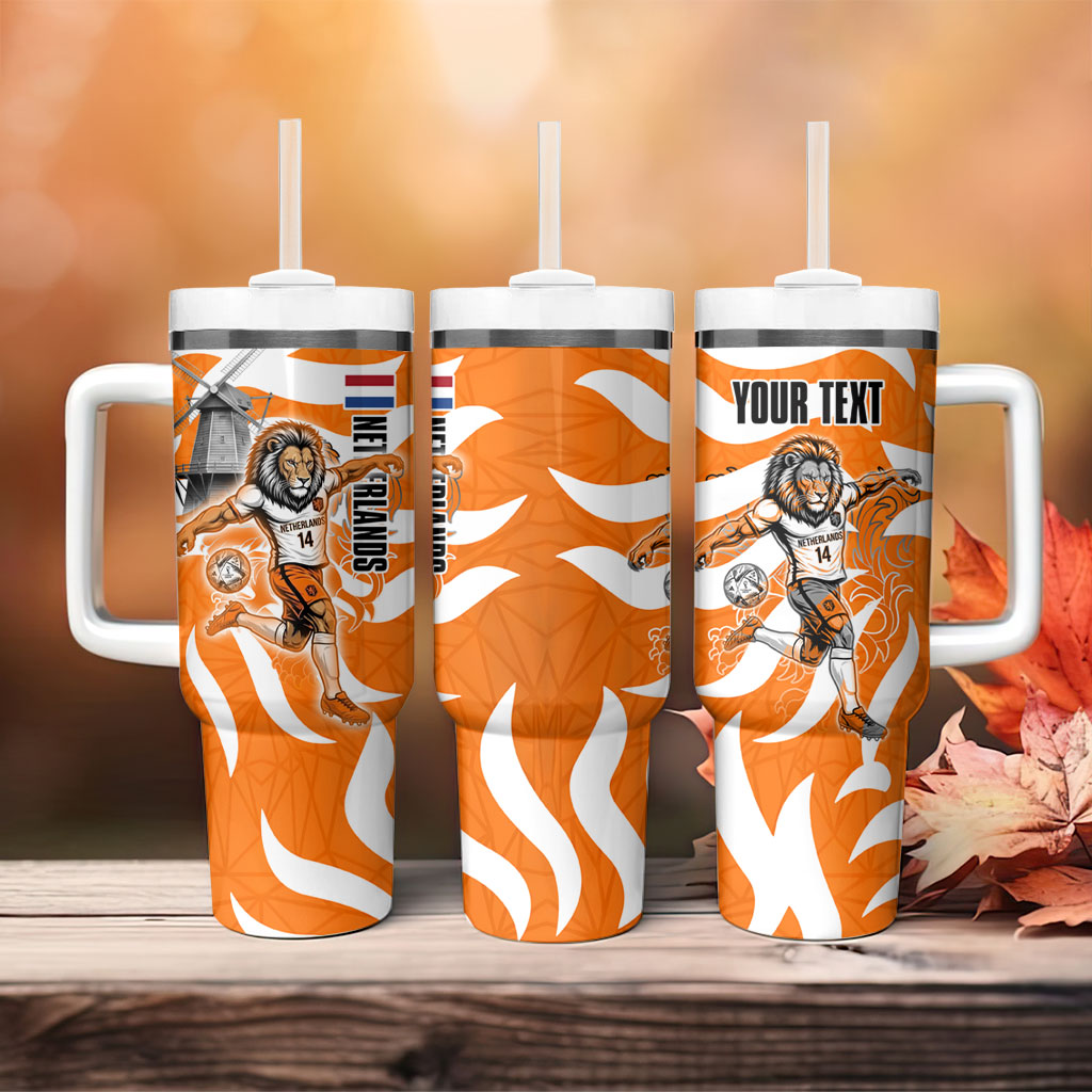 Personalized Netherlands Football Lion Mascot Tumbler With Handle Dutch Orange Flag Windmill Symbol Comic