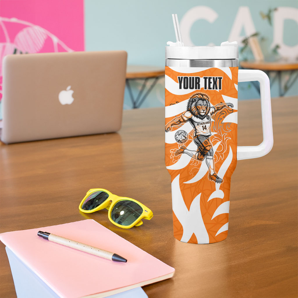 Personalized Netherlands Football Lion Mascot Tumbler With Handle Dutch Orange Flag Windmill Symbol Comic