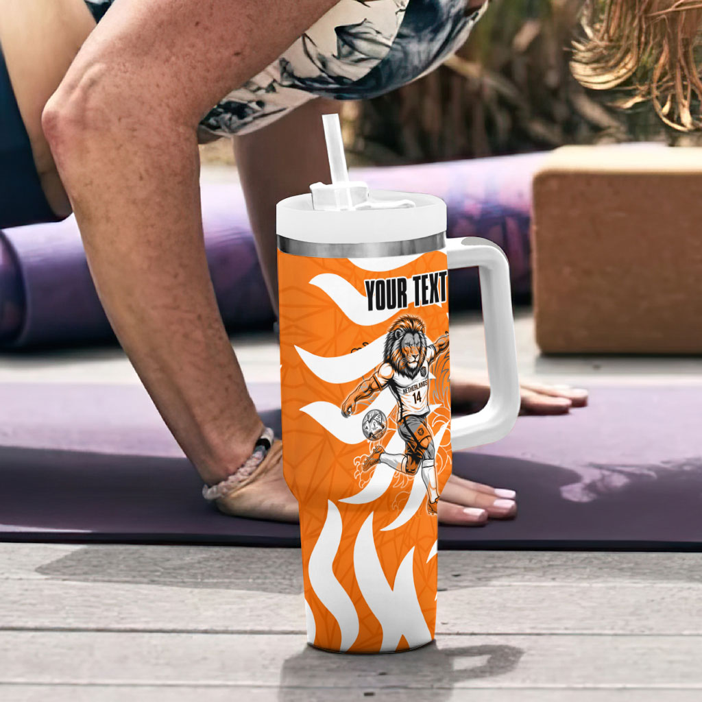 Personalized Netherlands Football Lion Mascot Tumbler With Handle Dutch Orange Flag Windmill Symbol Comic