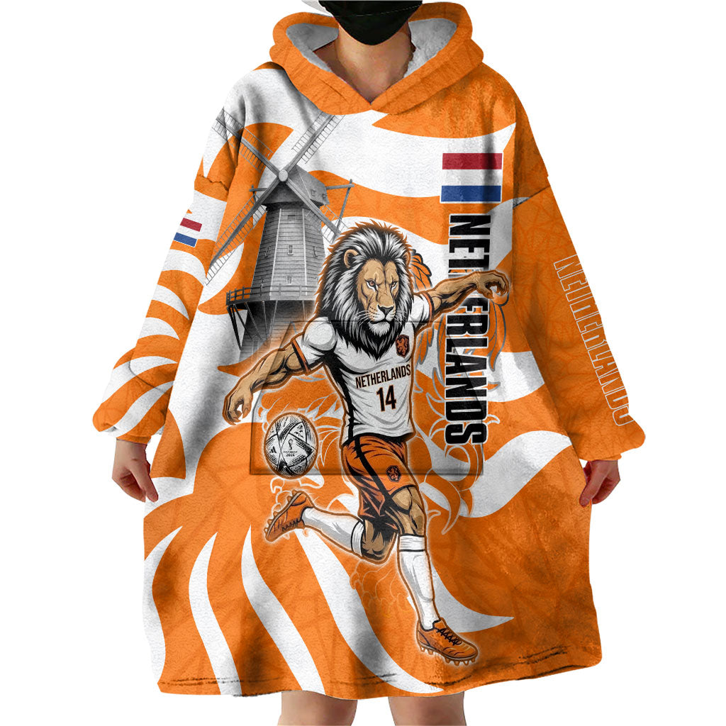 Personalized Netherlands Football Lion Mascot Wearable Blanket Hoodie Dutch Orange Flag Windmill Symbol Comic