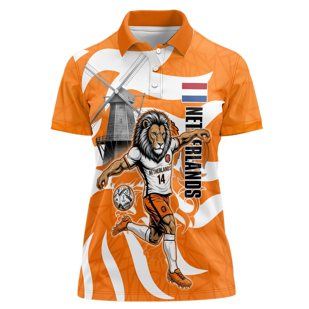 Personalized Netherlands Football Lion Mascot Women Polo Shirt Dutch Orange Flag Windmill Symbol Comic
