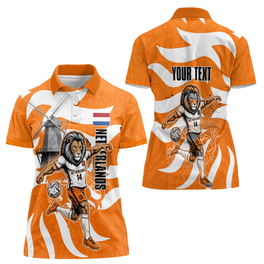 Personalized Netherlands Football Lion Mascot Women Polo Shirt Dutch Orange Flag Windmill Symbol Comic