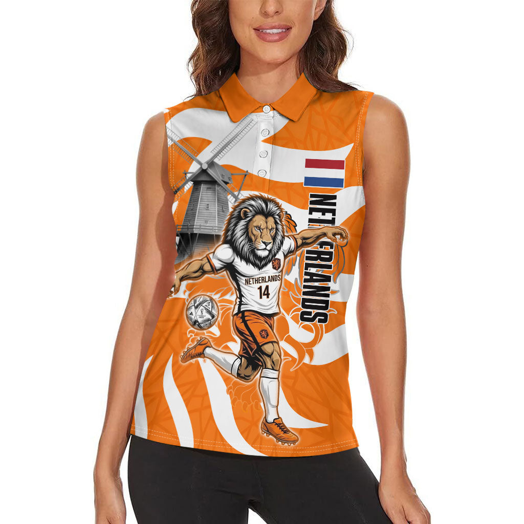 Personalized Netherlands Football Lion Mascot Women Sleeveless Polo Shirt Dutch Orange Flag Windmill Symbol Comic