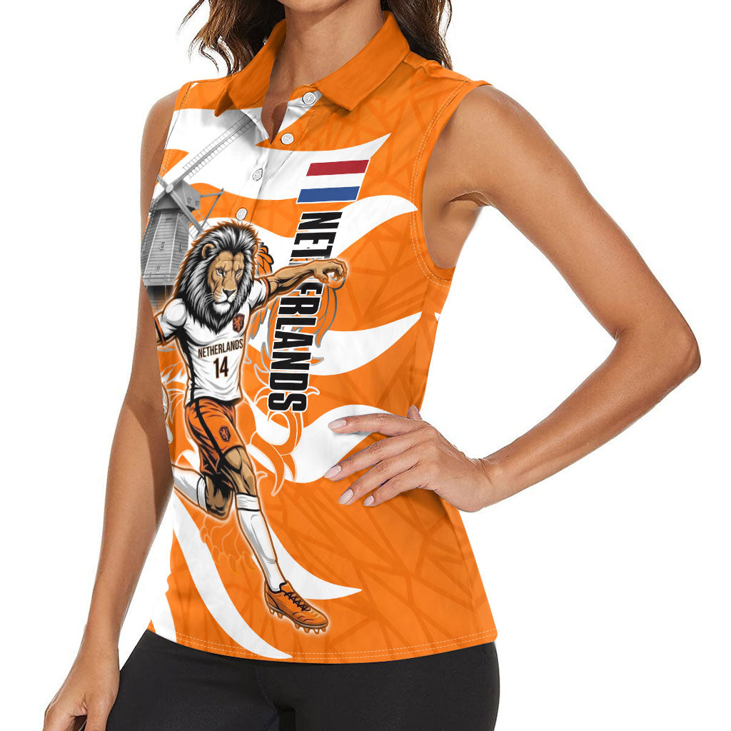 Personalized Netherlands Football Lion Mascot Women Sleeveless Polo Shirt Dutch Orange Flag Windmill Symbol Comic