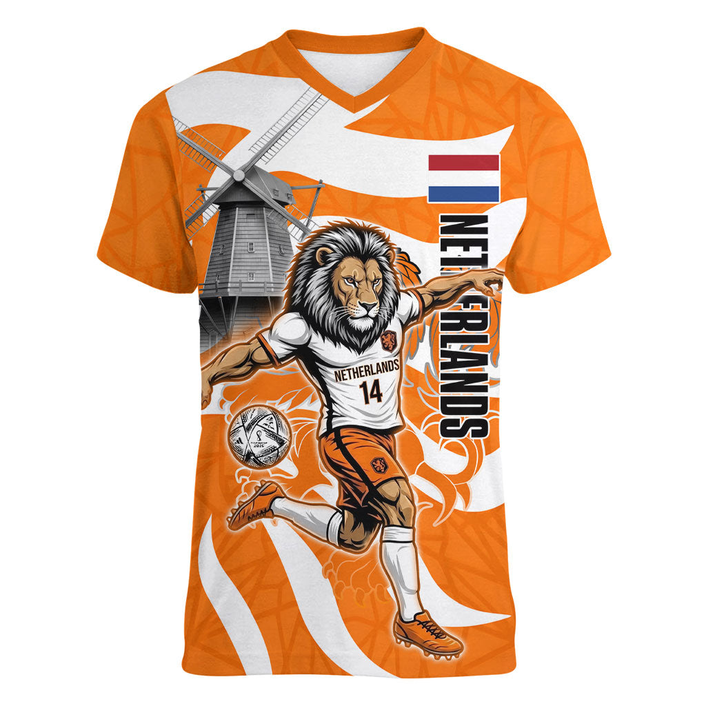 Personalized Netherlands Football Lion Mascot Women V-Neck T-Shirt Dutch Orange Flag Windmill Symbol Comic