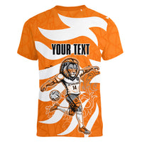 Personalized Netherlands Football Lion Mascot Women V-Neck T-Shirt Dutch Orange Flag Windmill Symbol Comic