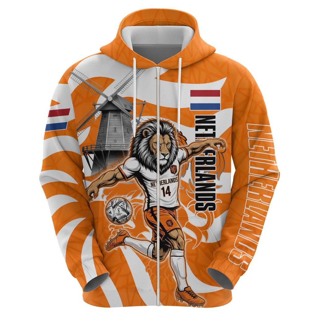 Personalized Netherlands Football Lion Mascot Zip Hoodie Dutch Orange Flag Windmill Symbol Comic